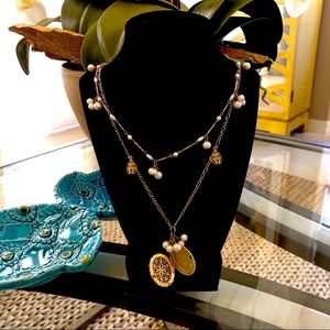 CAROLEE TWO STRAND, LAYERED PEARL LOCKET GOLD TONE NECKLACE